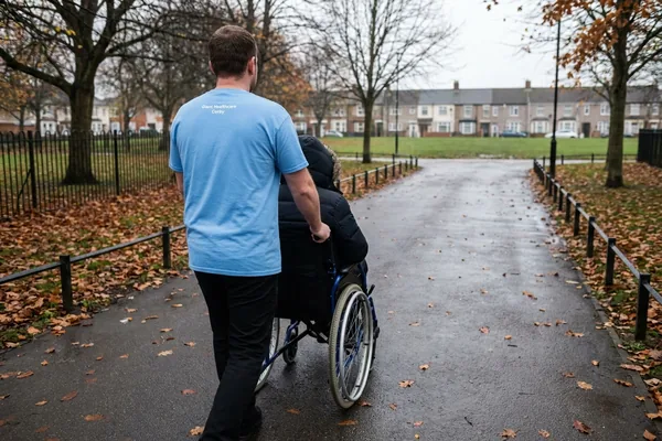 A support worker pushing a teenager's wheelchair along a park path, both seen from behind among autumn trees