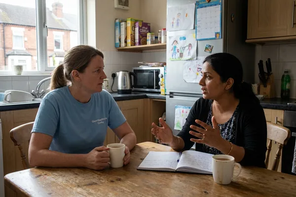 A support worker and a parent talking over tea at a family kitchen table