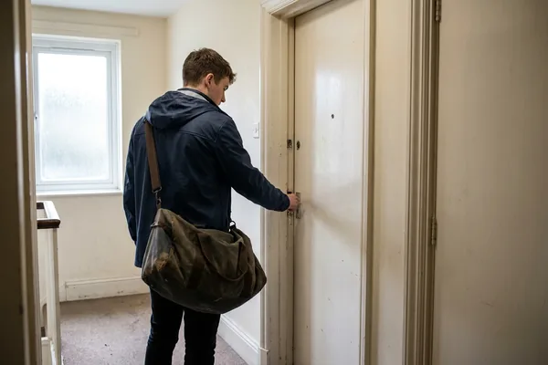 A young man seen from behind unlocking the front door of his own flat with a bag over his shoulder