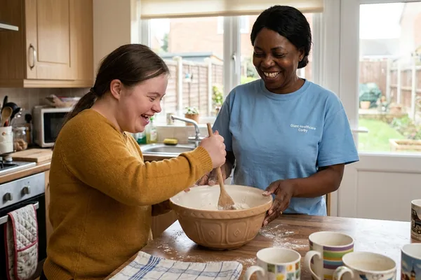 A young woman with Down syndrome laughing while baking with a support worker steadying the mixing bowl