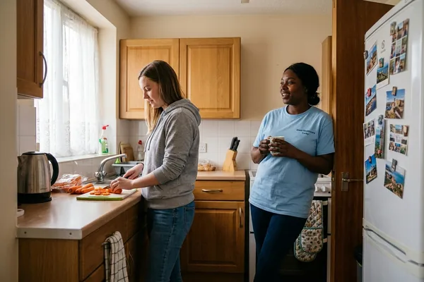 A young woman preparing a meal in her own flat kitchen while a support worker in a light blue Giant Healthcare Corby T-shirt talks with her from the doorway