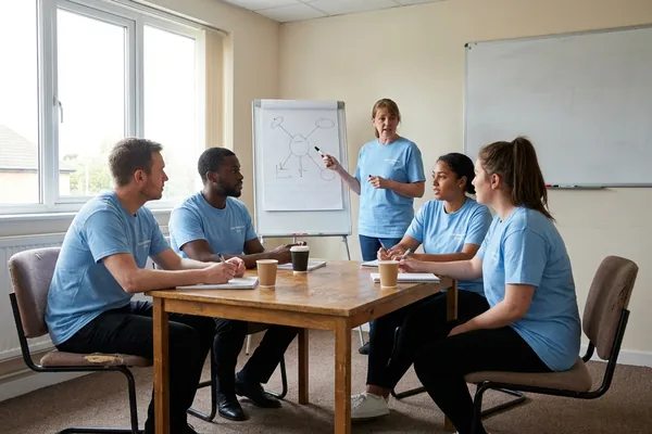 A staff training session with support workers in light blue branded T-shirts around a table and a flipchart