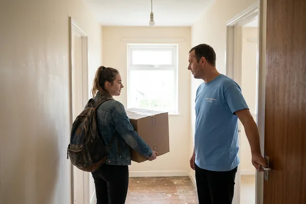 A young woman seen from behind carrying a box of belongings into her new flat while a support worker holds the door