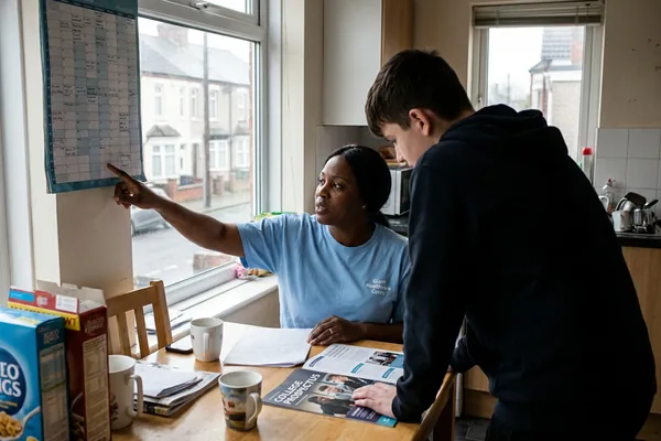 A support worker and a teenage boy seen from behind planning college dates together on a wall planner